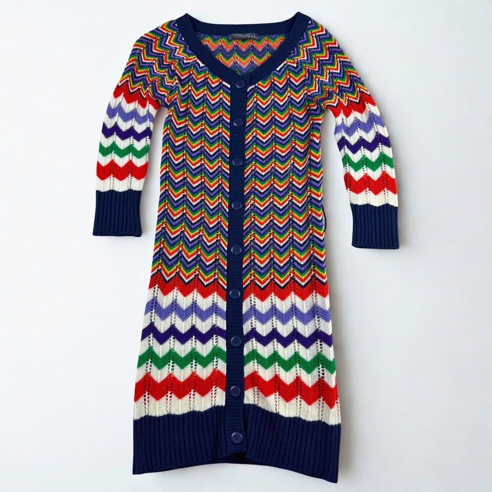 Forever XXI Chevron Zig Zag Cardigan Dress Womens S Multicolor Rainbow Boho Knit